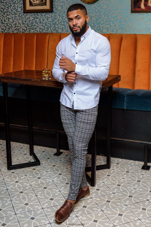 YoungLA män 614 snygga klänningsbyxor blå pläd Kläder 62TXL743